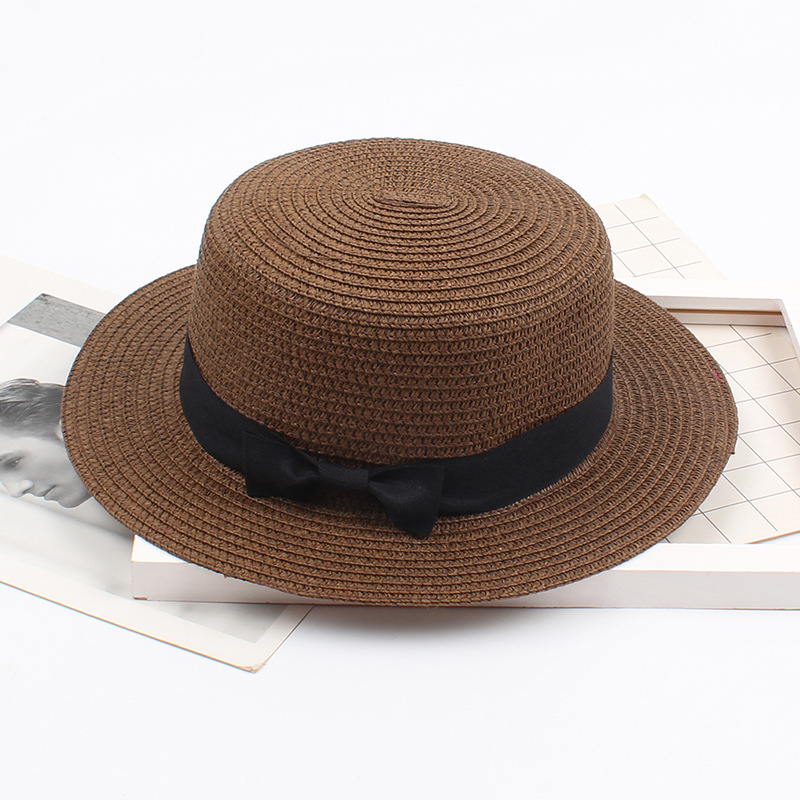 Spring and Summer Korean Straw Hat British Retro Europe and America Bow Flat Top Hat Sun-Proof Beach Hat