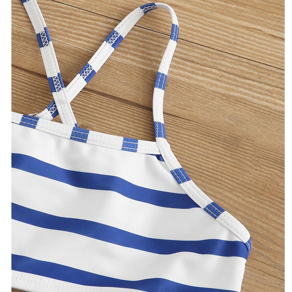 跨境爆款2018欧美比基尼泳衣bikin数码印花蓝白条分体中小童泳装