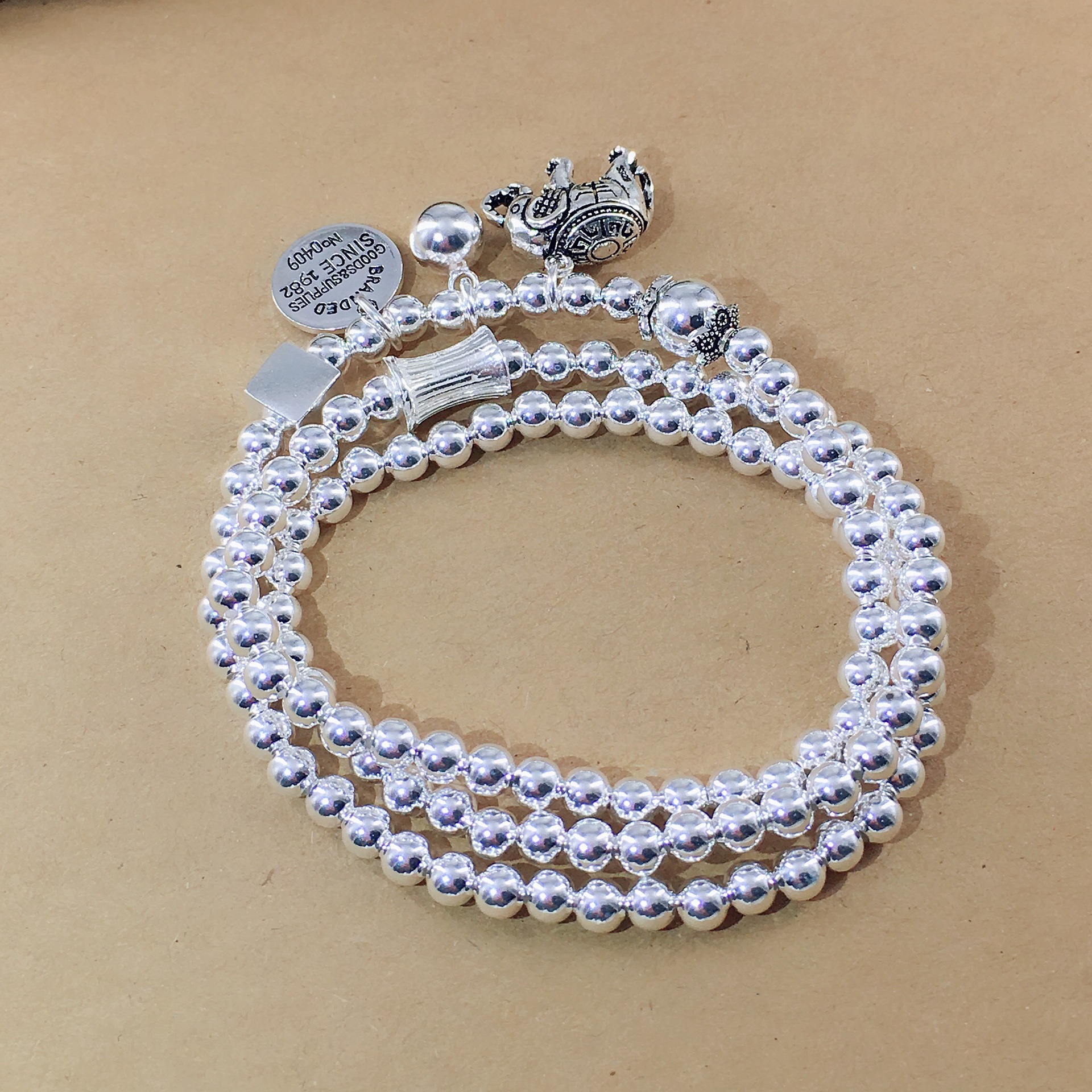 s925纯银手链三圈泰银大象复古圆牌手工原创多层银珠吉祥象手串