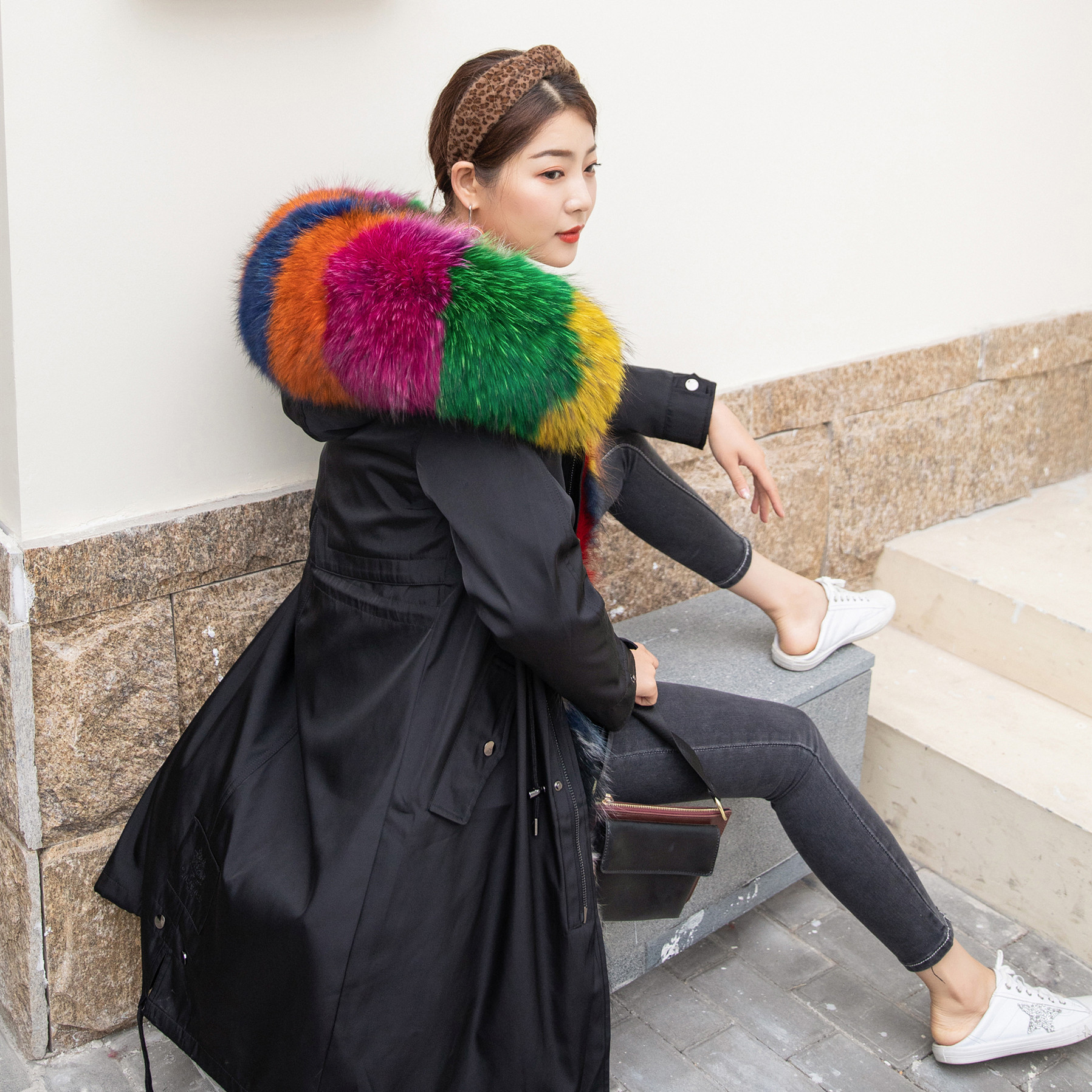 2019新款派克服女大衣中长过膝款七彩个性时尚皮草外套修身显瘦冬