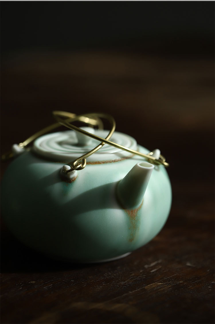 景德镇陶瓷苏打绿釉茶壶日式禅意小号铜提梁壶家用泡茶壶