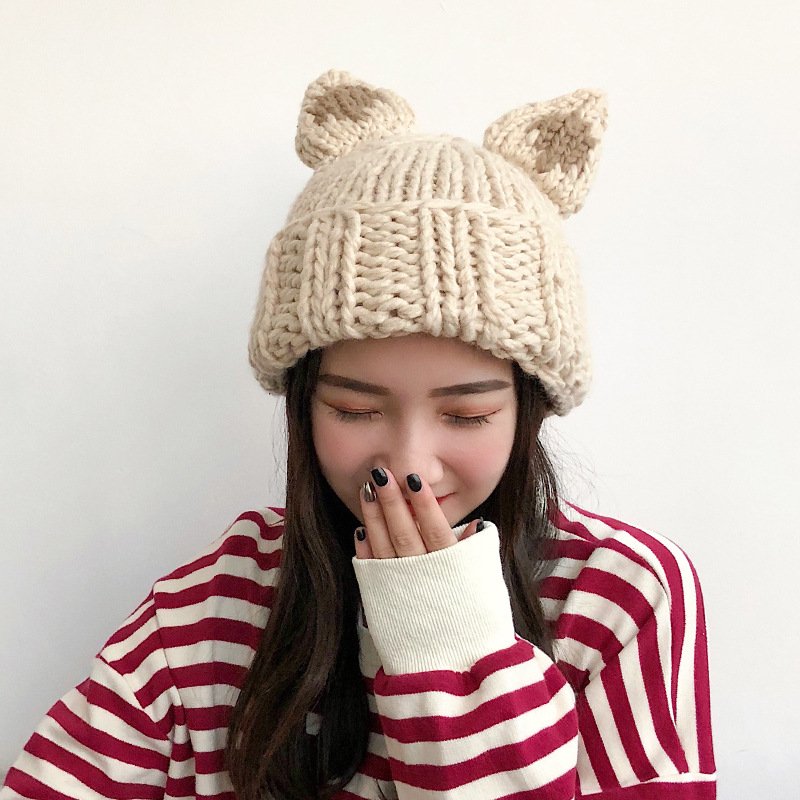 帽子女秋冬可爱耳朵毛线帽韩版少女简约套头帽ins网红保暖针织帽