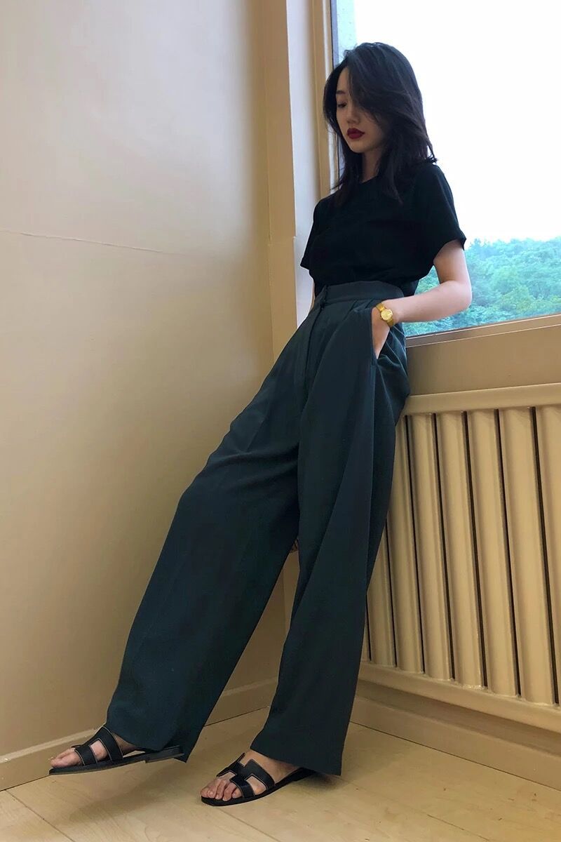 2019春夏ins风复古温柔藏蓝色高腰阔腿裤女