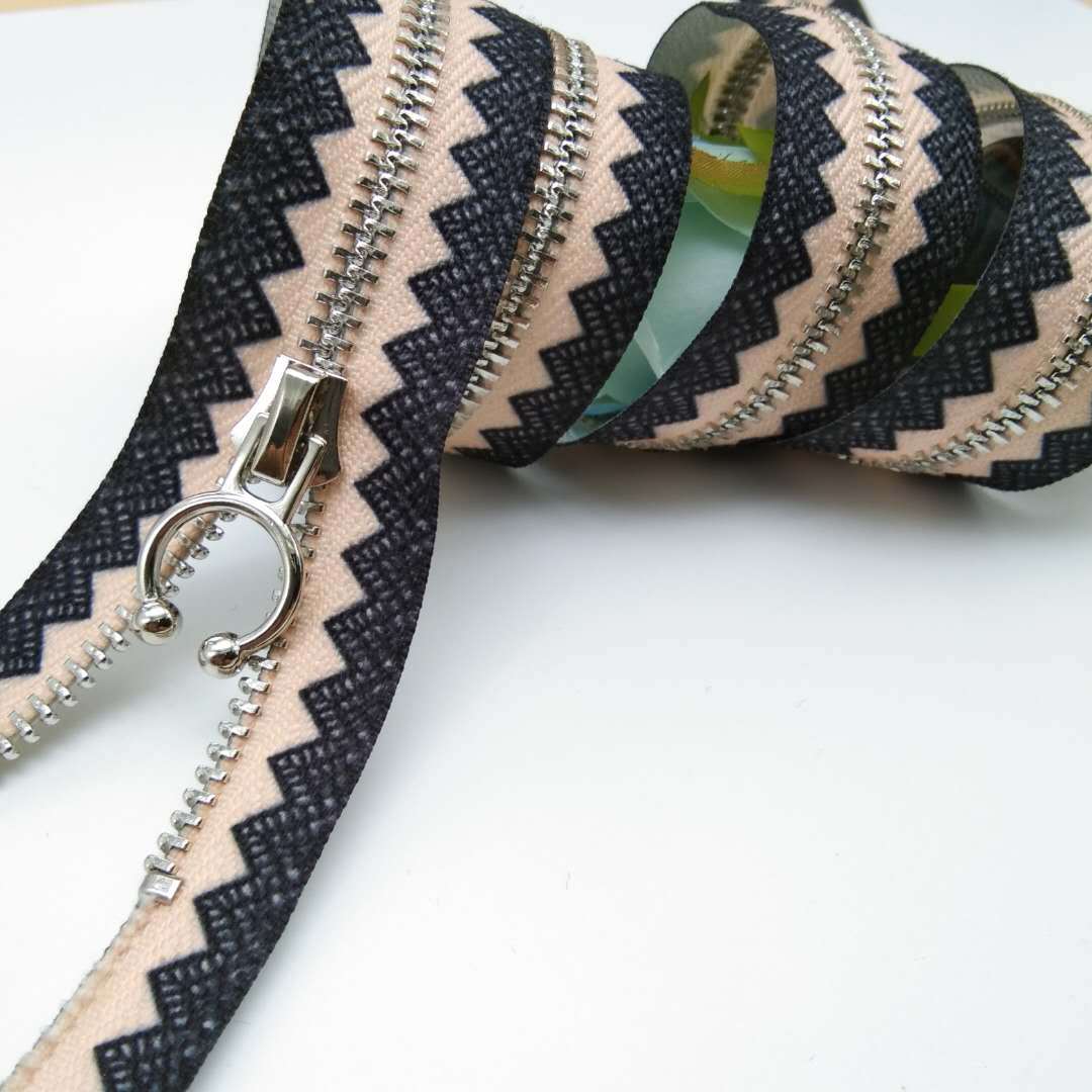 5号金属拉链布带印花转印y牙箱包服装开尾白金特殊布带彩色拉链