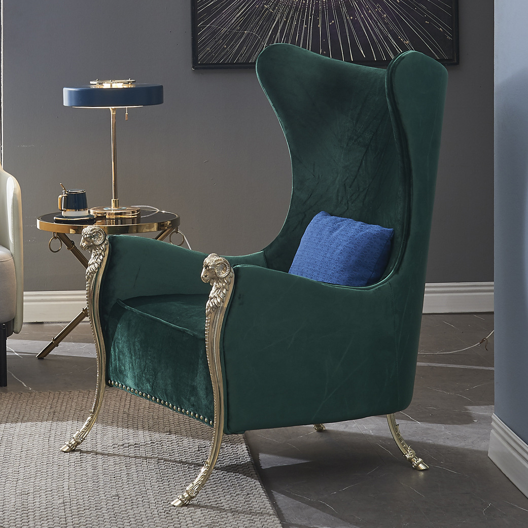 意式轻奢后现代高端别墅单人沙发椅设计师时尚创意美式高背羊角椅