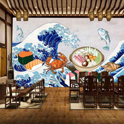 日本料理店海浪浮世绘风景画 寿司店会所日式装饰画壁画墙画定制