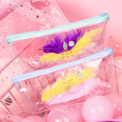 1705创意透明笔袋可爱卡通简约羽毛装饰pvc拉链笔袋韩版文具用品