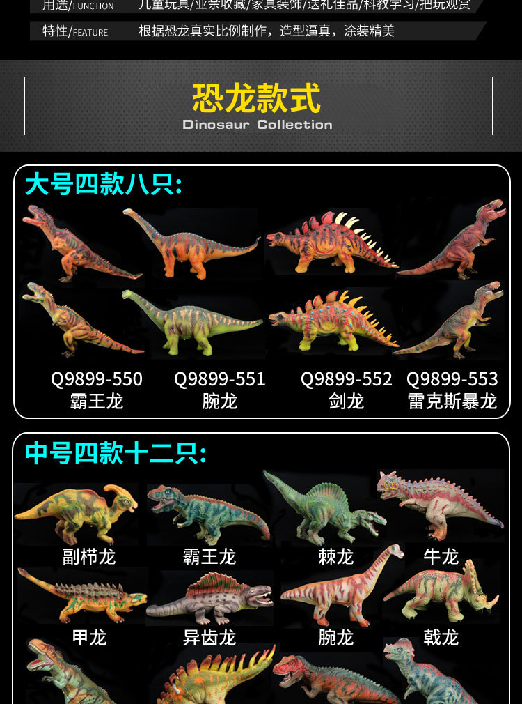 恐龙 产品尺寸见详情页 霸王龙 腕龙 三角龙 异特龙 棘龙等12个种类