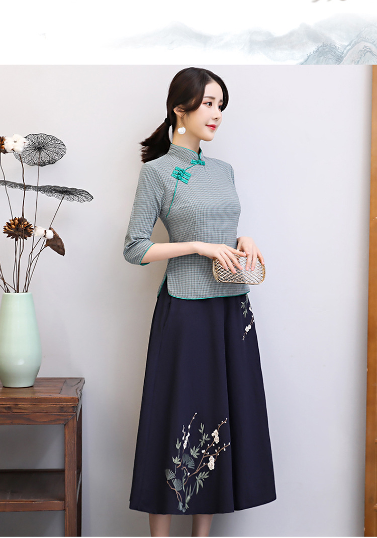 民国风复古修身改良棉麻旗袍上衣220年春夏新款时尚绣少女半身裙