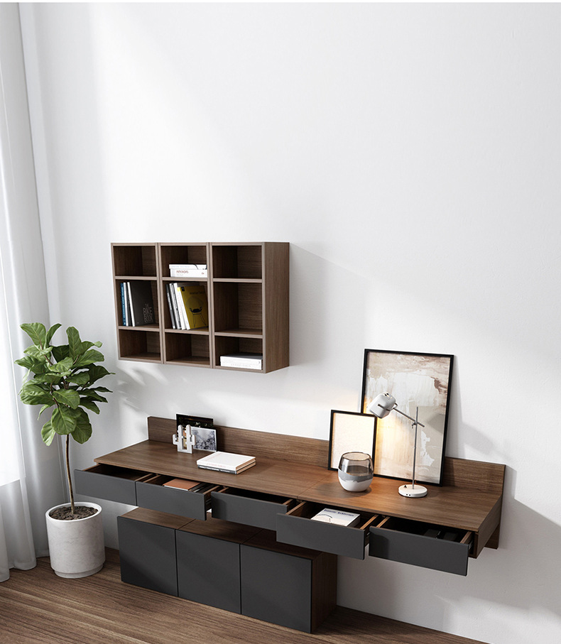 北欧书柜书桌一体桌简约现代台式电脑桌书架壁挂式组合妆台桌套装