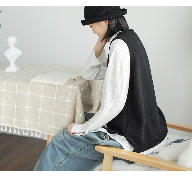文艺全棉线马甲针织衫女 复古纯色开衫宽松上衣无袖2019春秋新款