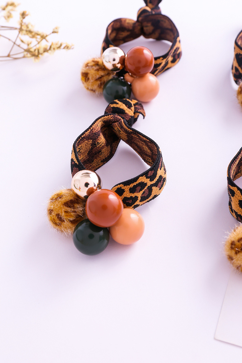 秋冬新款韩版发饰宽边豹纹五珠发圈高弹性粗款扎头绳两元店货源