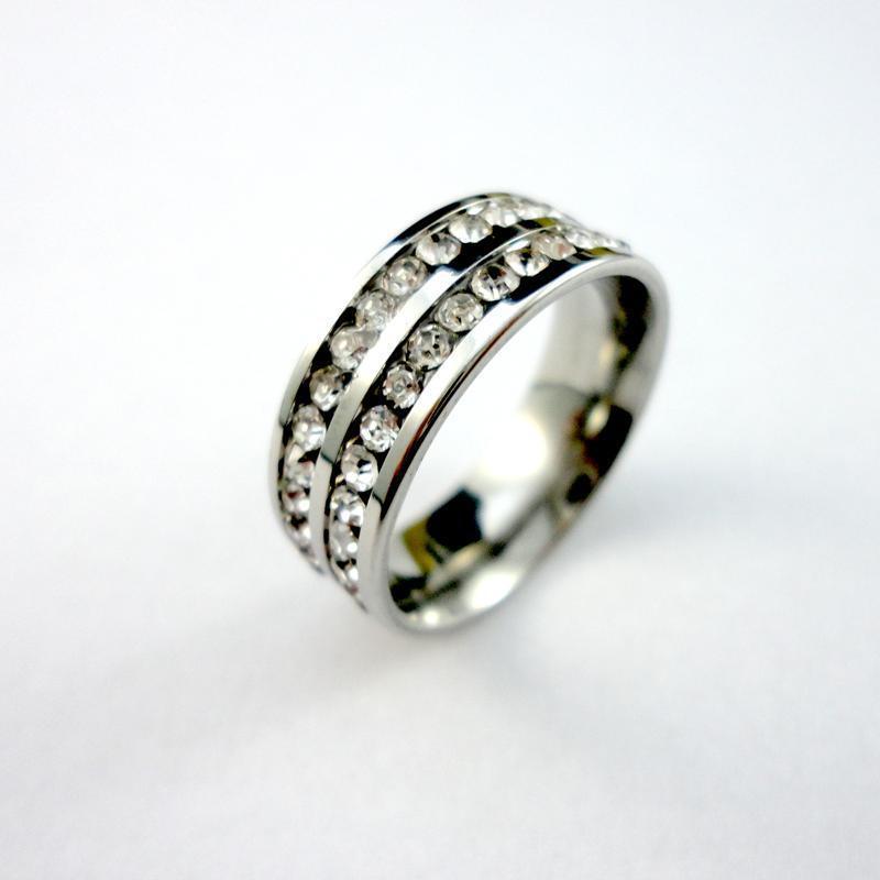 欧美热销ebay速卖通热卖时尚双排水钻镀银不锈钢戒指批发男女饰品