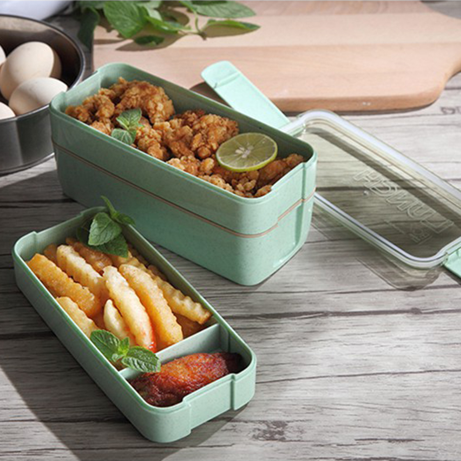 Square Three-Layer Wheat Straw Fiber Plastic Lunch Box Student Adult Lunch Box Tape Tableware Logo