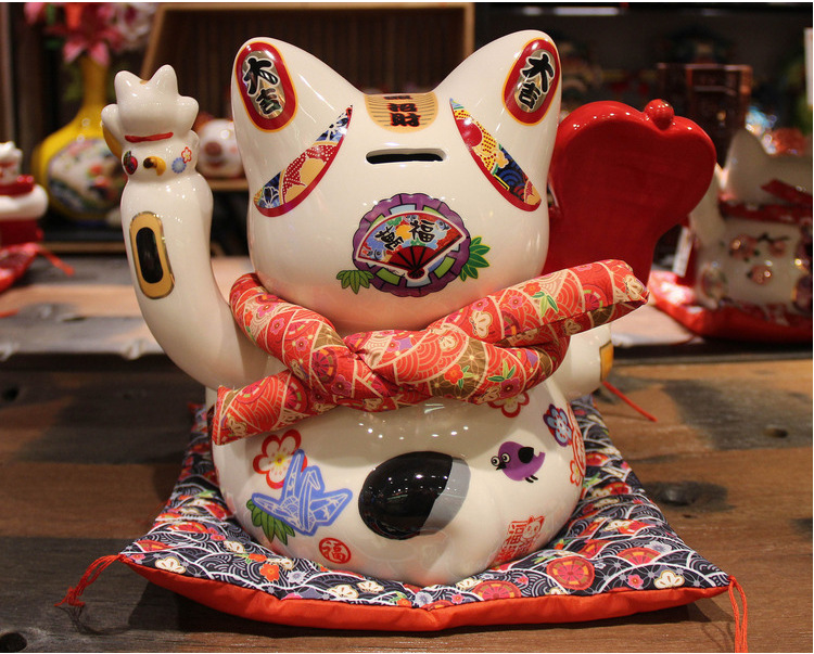 大恒优品福缘猫10寸大号风生水起招财猫陶瓷猫存钱罐家居摆件礼品