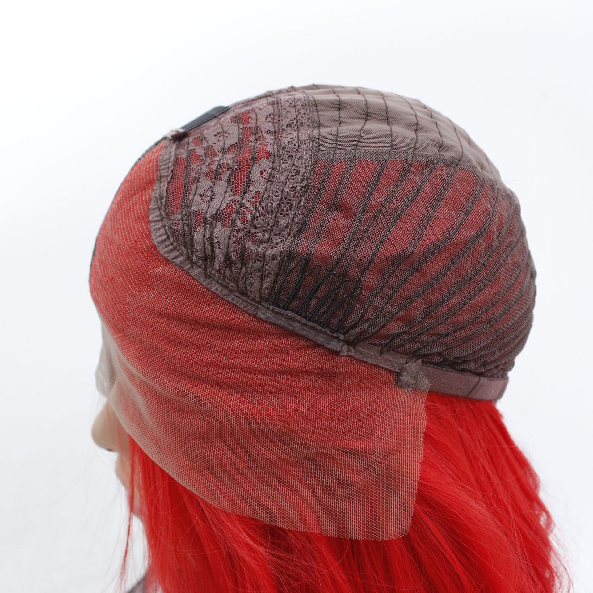 定做欧美一半红一半拼接黑大波浪前蕾丝半手钩假发 化纤假发外贸