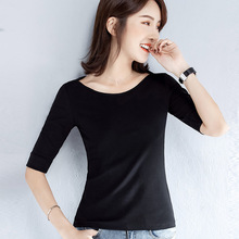 中袖t恤女修身显瘦夏女士一字肩上衣女2023新款黑色半袖韩版体恤