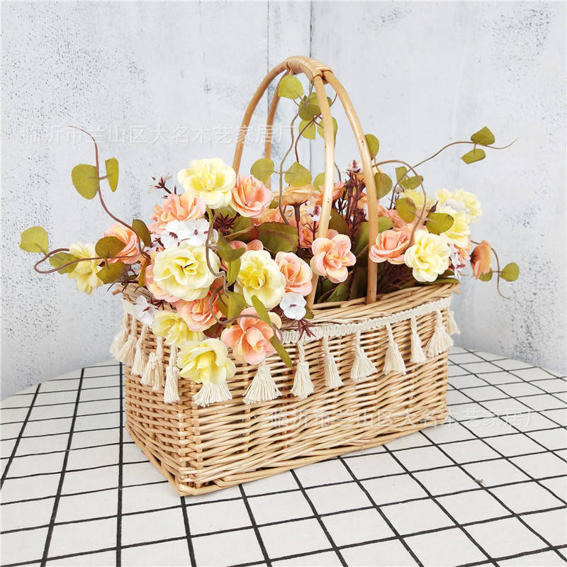 Willow Rattan Plaited Portable round Flower Basket Mini Flower Waterproof Flower Arrangement Living Room Decoration Succulent Basket