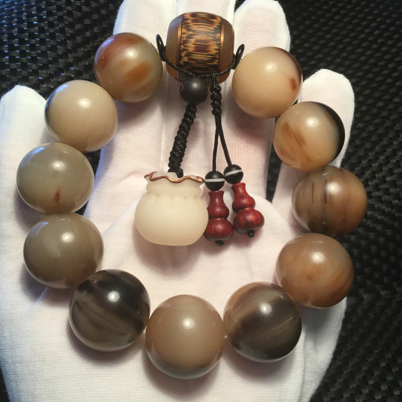 天然西藏耗牛角圆珠单圈手串 血丝牛角骨圆珠文玩男士手串