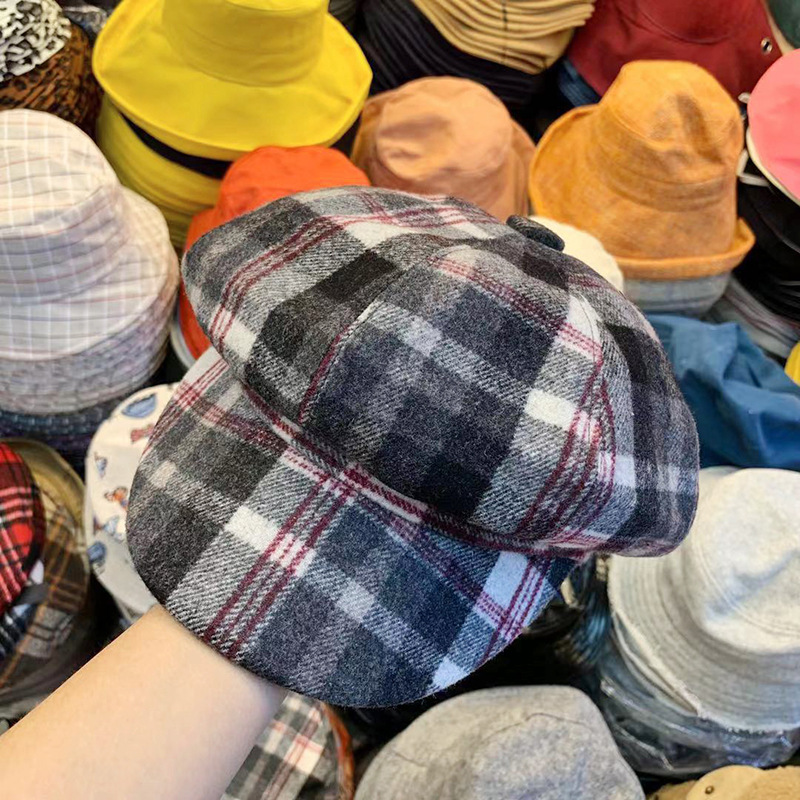 jmx 八角帽女格子秋冬个性画家帽彩色格子圆顶 现货批发