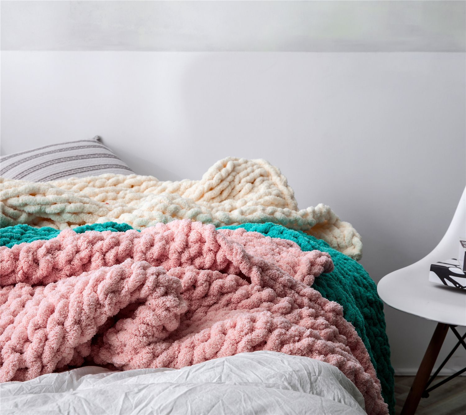 菲丽斯 ins手工粗毛线编织毯子雪尼尔棒针织毯 沙发毛毯子