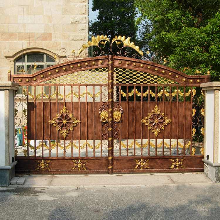 欧式庭院铁艺大门 乡村庭院电动对开门 仿古红古铜铁艺门 可定做