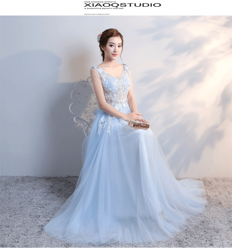 锁骨乍现 性感v领 蓝色蕾丝蝴蝶新娘婚纱礼服敬酒服伴娘服1333