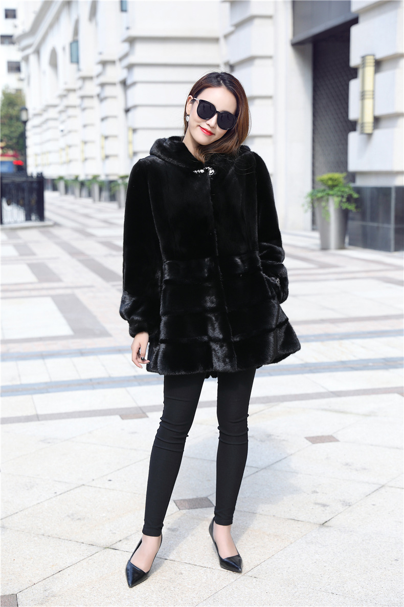 2019韩版皮草长款外套整貂皮连帽大衣时尚保暖风衣仿水貂毛女风衣