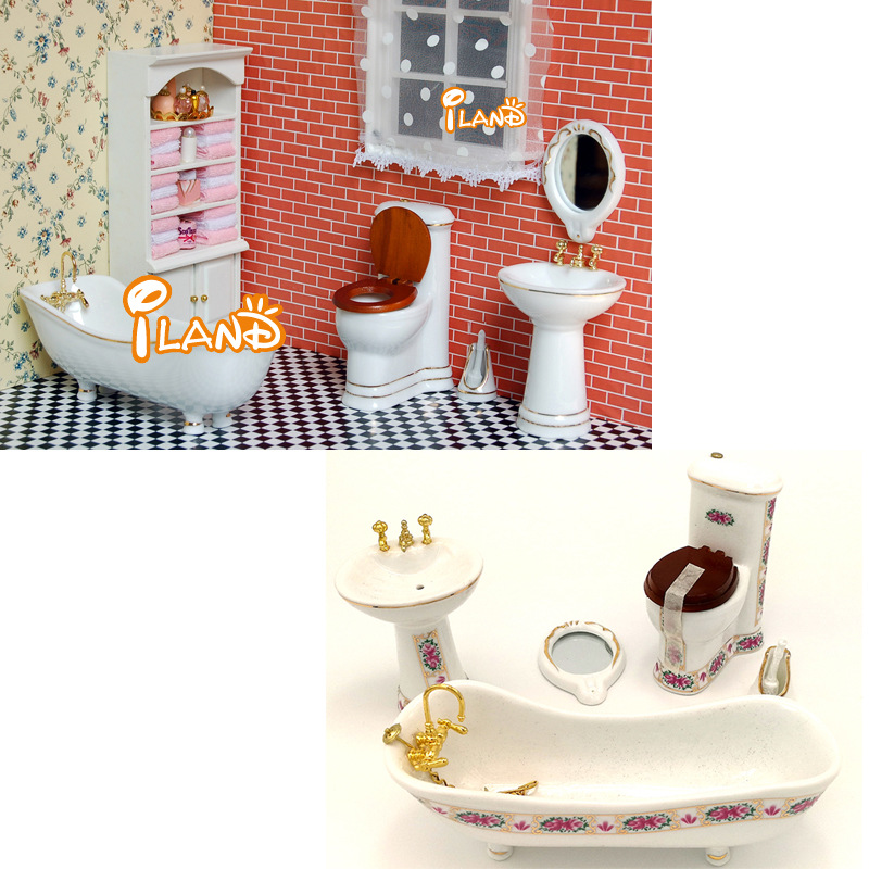 1:12diy娃娃屋dollhouse 迷你卫浴 陶瓷浴缸马桶浴室五件套