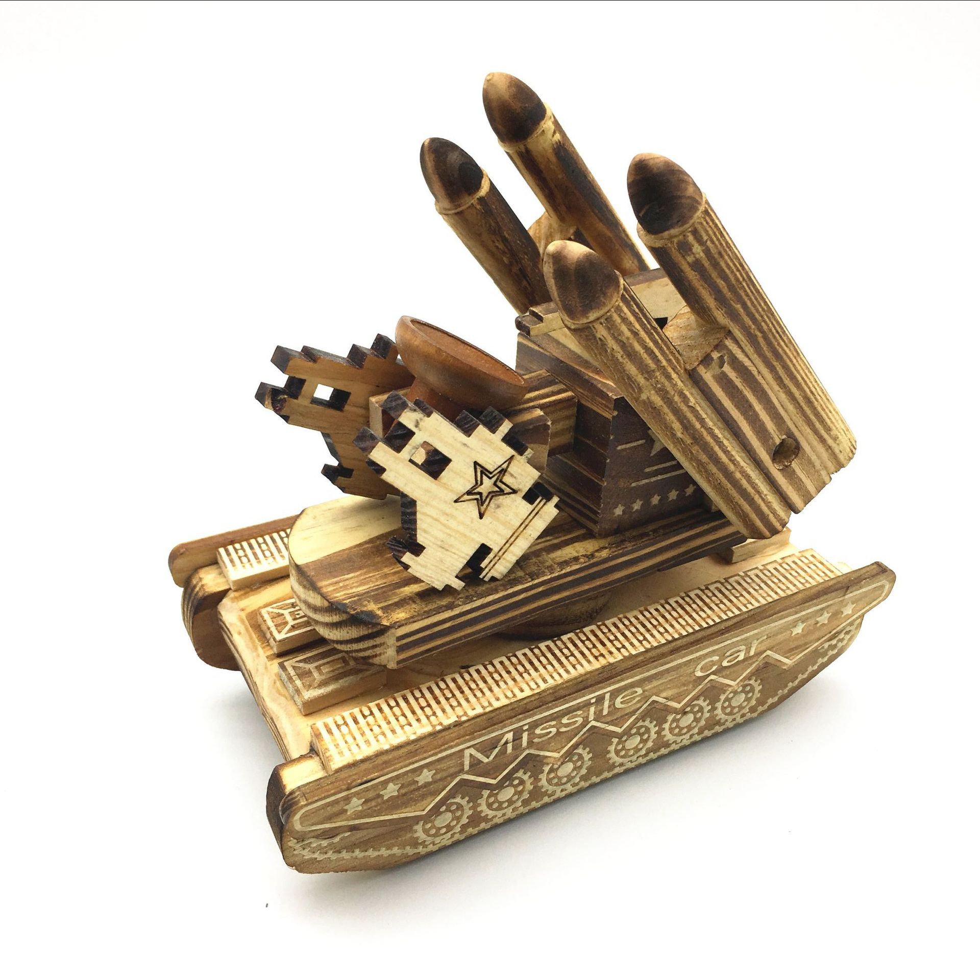 厂家直销木质导弹音乐坦克车 木制模型摆件儿童玩具车 工艺品批发