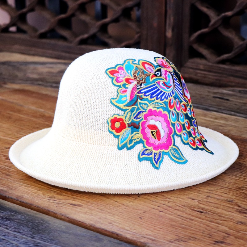 新款四季民族风刺绣花圆顶孔雀帽子遮阳帽百搭女士太阳防晒盆帽