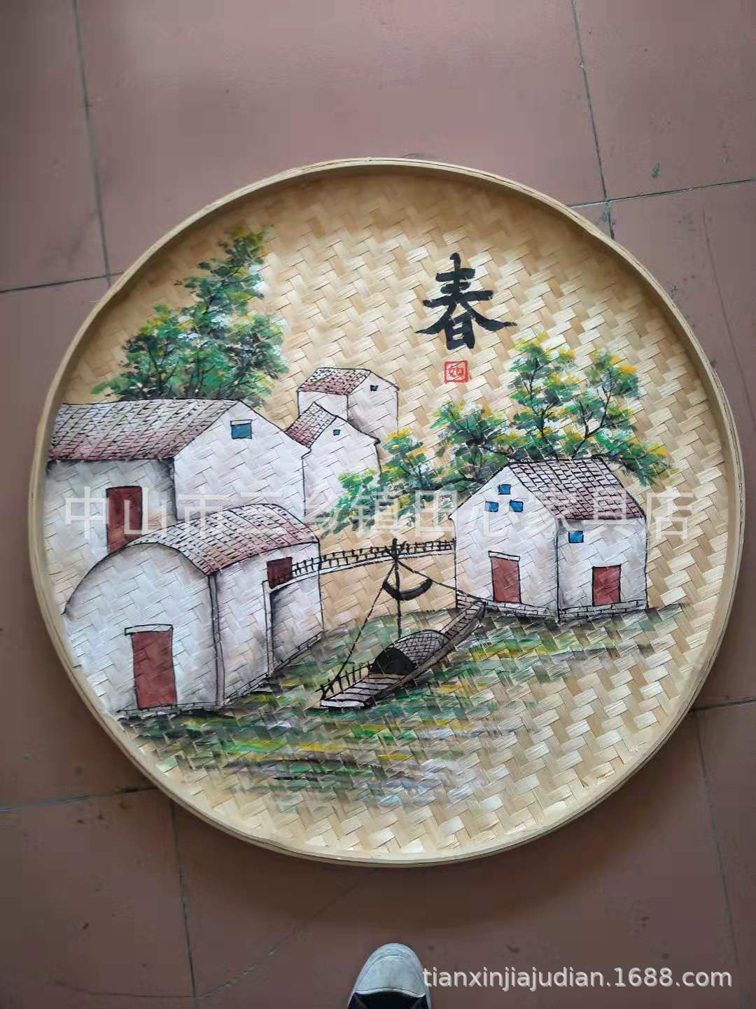竹编筛子簸箕手绘漆画定制墙饰挂画火锅农家乐壁饰饮食文化摆件