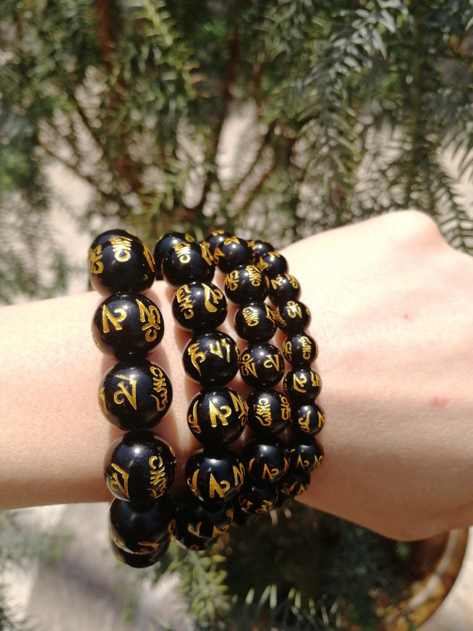黑曜石六字真言手链六字箴言佛珠手串寺庙结缘用品