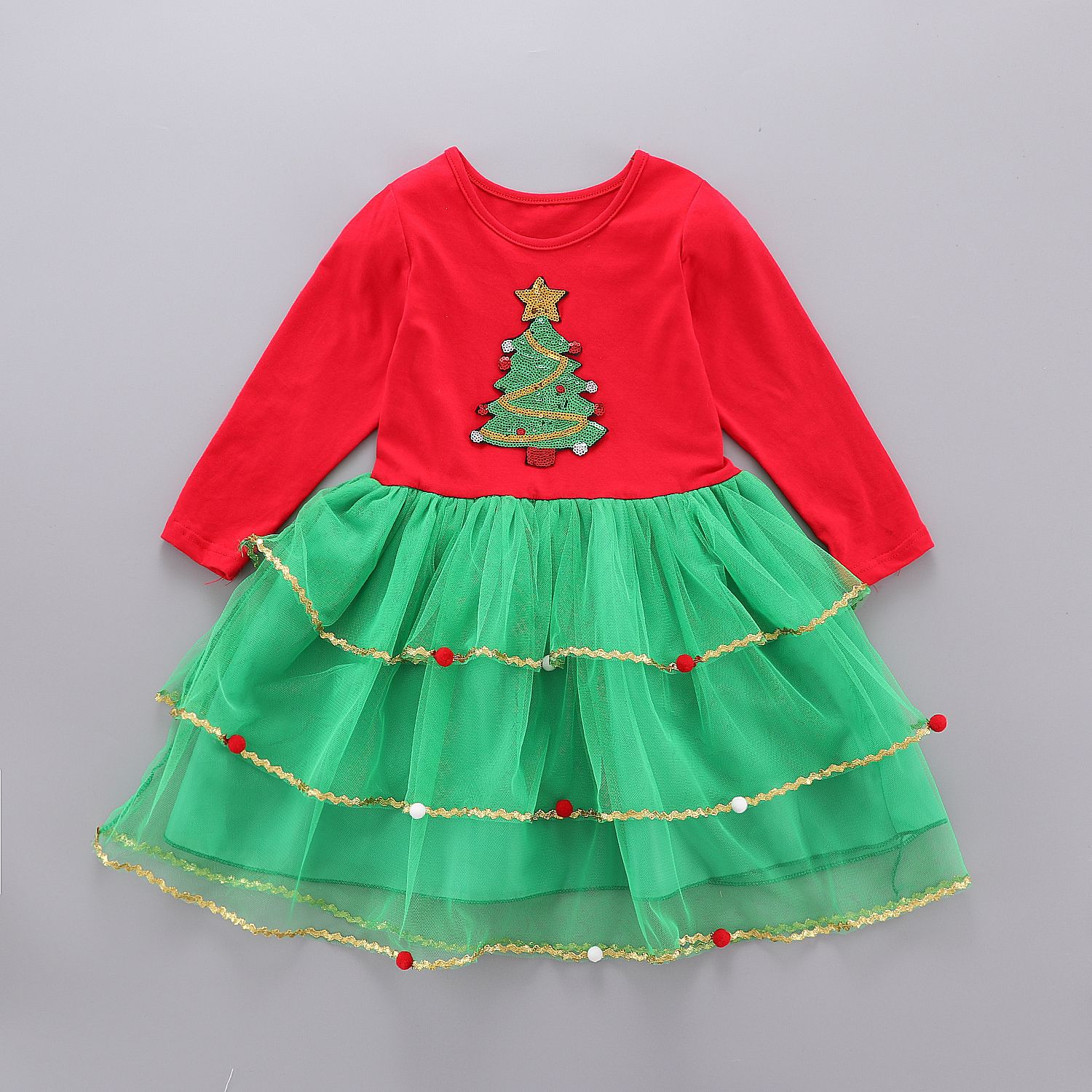 外贸新款圣诞小树连衣裙长袖公主裙女圣诞节网纱连衣裙春秋现货批