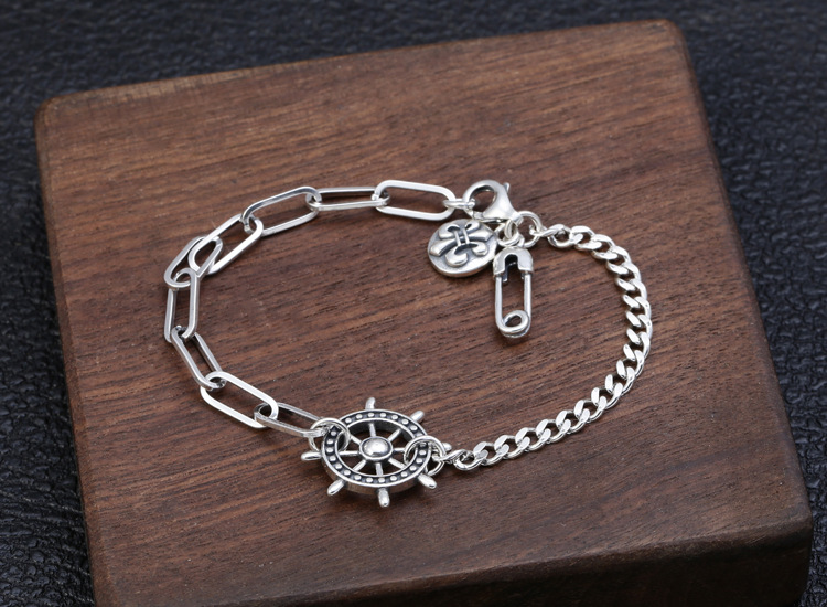 批发s925纯银创意船舵手链女款泰银坦克链拼接别针船锚手饰品