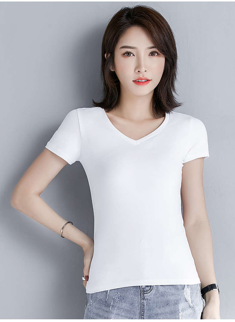 白色v领短袖t恤女修身纯色显瘦鸡心领短款2020春夏季新款性感上衣