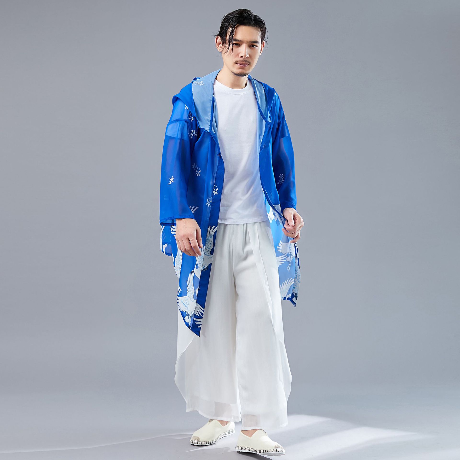 2021夏季新品仙鹤薄开衫男复古国风印花雪纺衫男式衬衫宽松带帽款