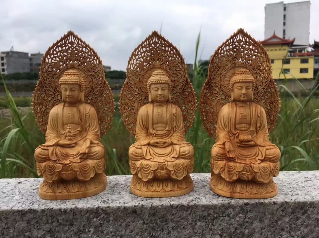 崖柏木实木雕刻工艺品三宝佛释迦药师佛大日如来摆件供奉木质摆件