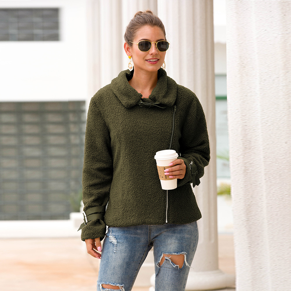 2020亚马逊外贸秋冬毛绒短装修身外套袖口领铁卡装饰上衣