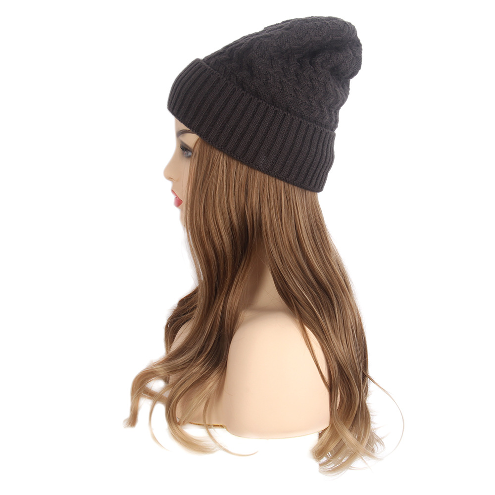 针织帽子假发 时尚欧美女士发帽一体 长卷棕色假发帽子一体