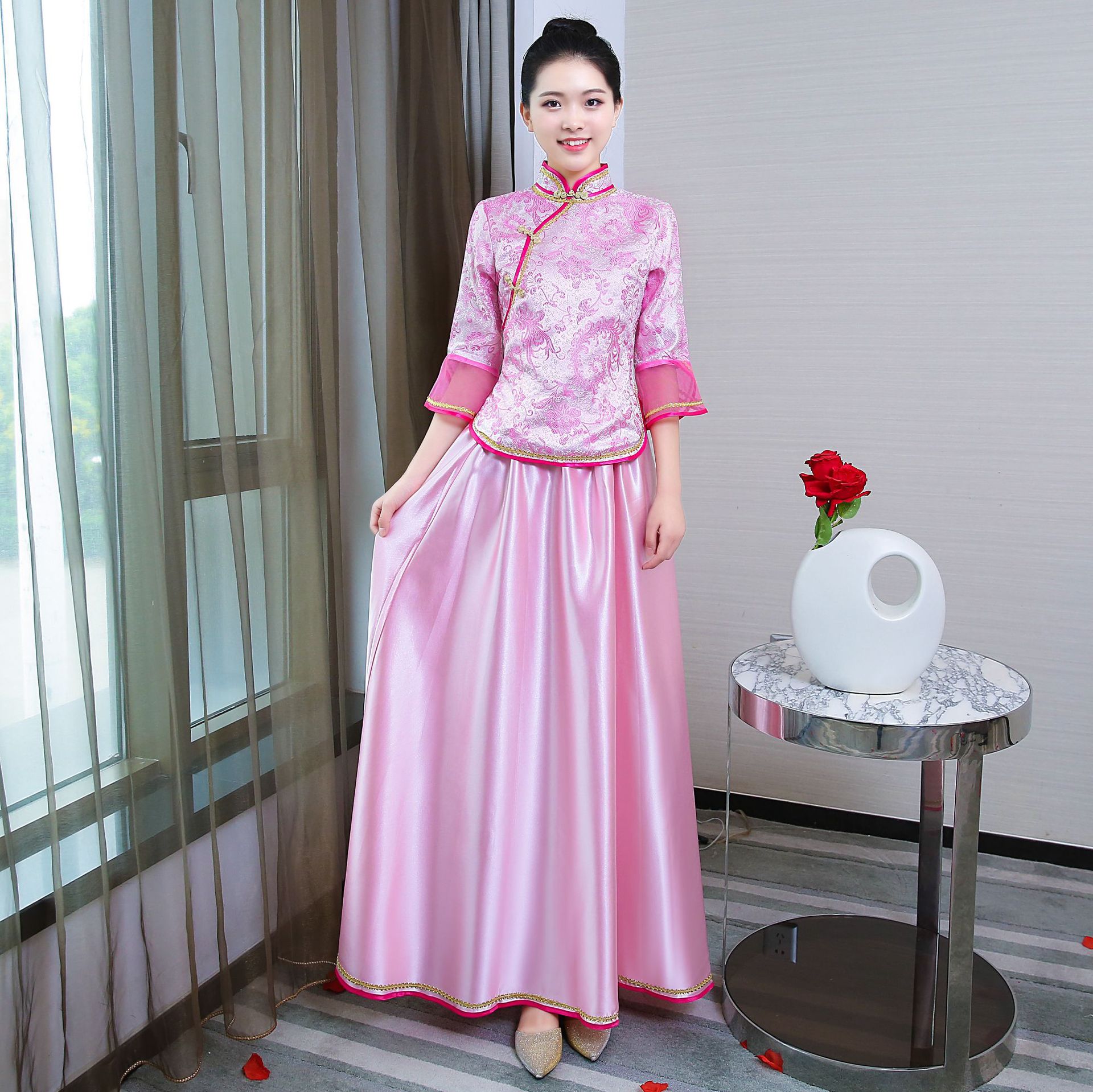 民国风大合唱团演出服装伴娘服装成人中老年古筝表演礼服高中学生