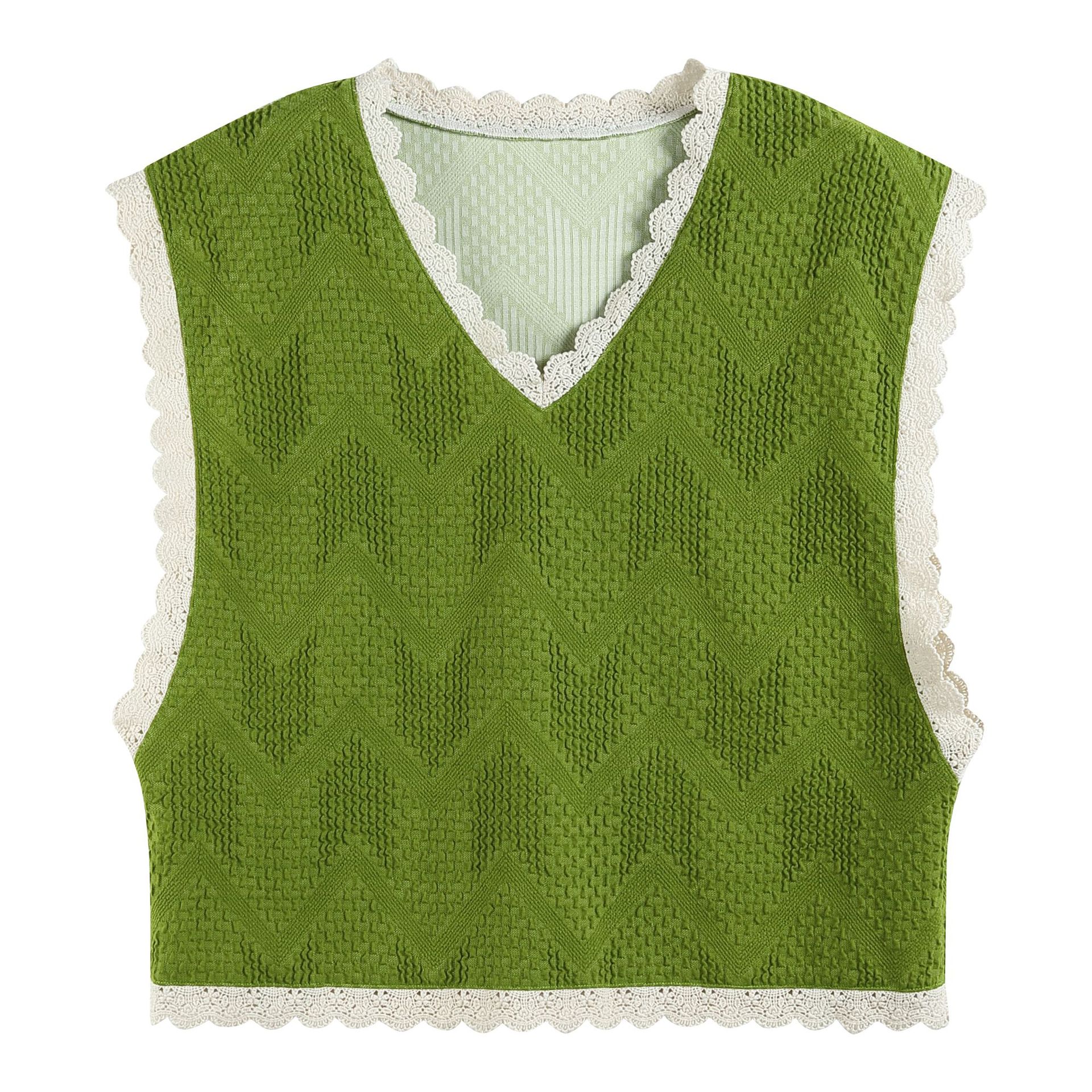 针织背心女外穿夏天薄款宽松bf风无袖上衣蕾丝边短款马甲代理代发