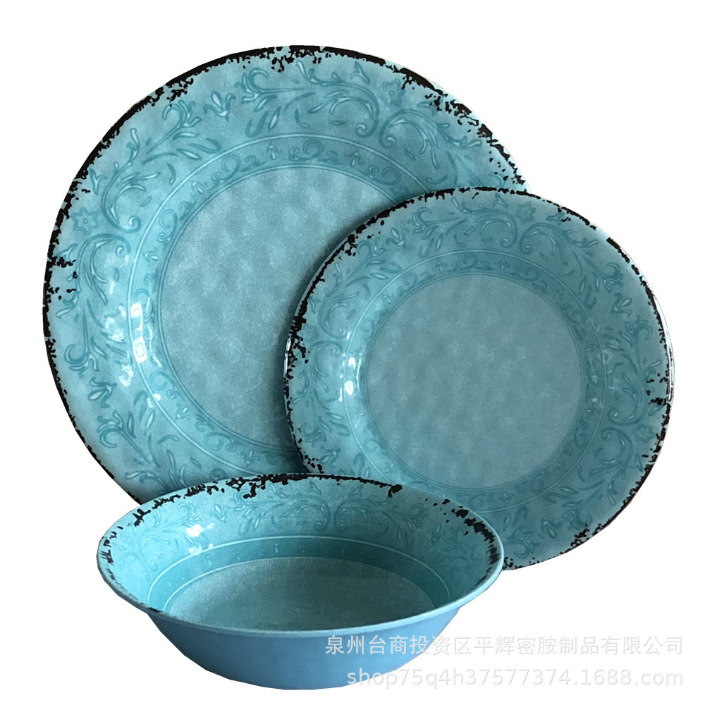 工厂 密胺餐具色料贴花套装 美耐皿浮点碗盘12件套套装可定制