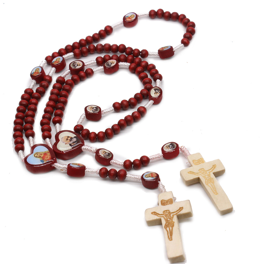 Foreign Trade Hot Wine Red Map Wooden Bead Hand-Made Religious Rosary Necklace Cross Ornament Hand-Held Rosary