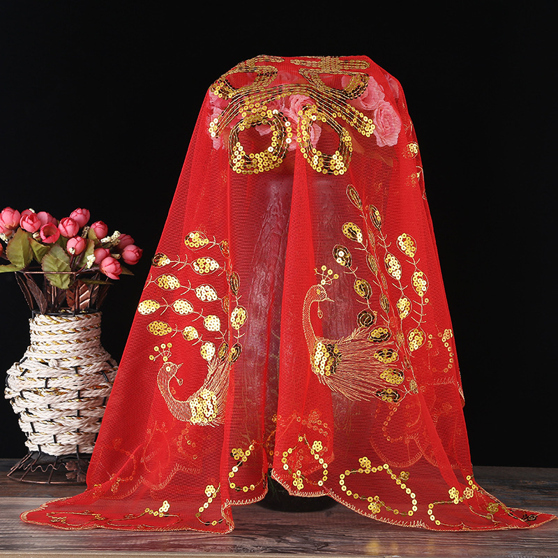 New Wedding Veil Bride Peacock Sequins Red Veil Wedding Veil Red Chinese Style Worship Hall Veil Wholesale