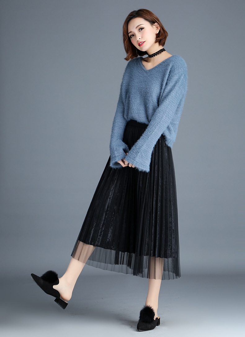 金丝绒百褶裙2020半身裙女装韩版半身裙秋冬风琴褶网纱复古a字裙