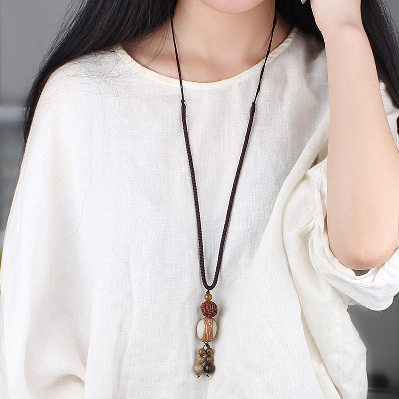 Simple Ethnic Style Bodhi Seed Sweater Chain Men's and Women's All-Match Long Necklace Cotton and Linen Clothes Clothing Accessories Tourist Attractions