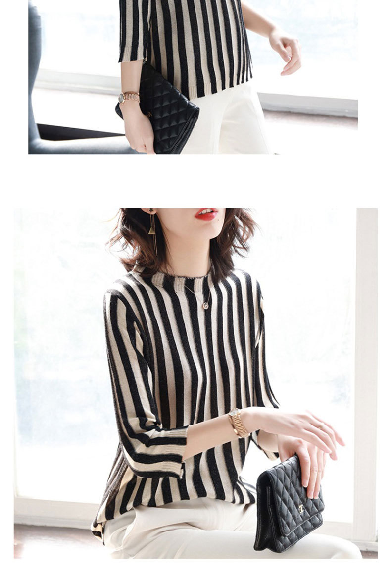 宝诗黎立领七分袖条纹针织t恤女春装2019新款气质修身显瘦打底衫