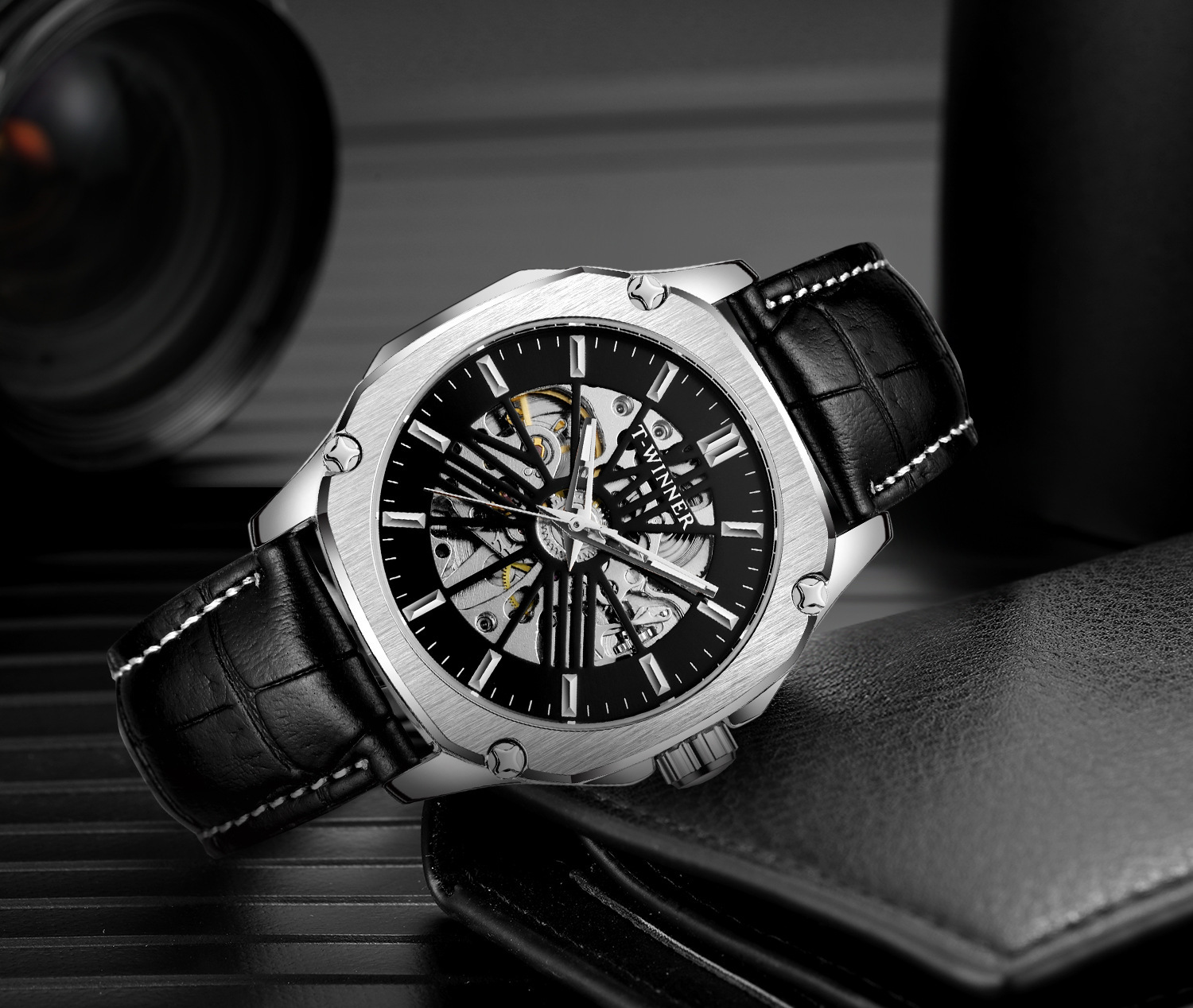 t-winner男士全自动机械表防水镂空真皮机械表男士手表一件代发