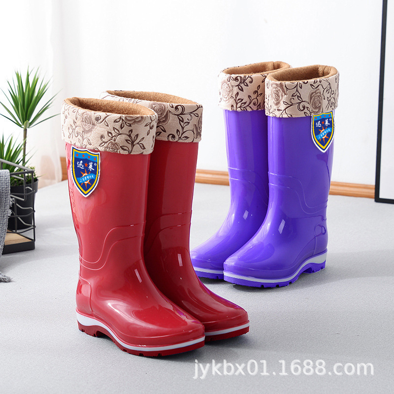 New Rain Boots Women's Fleece-Lined Thermal Rain Boots Three-Color Bottom Pearlescent Mid-High Tube Non-Slip Waterproof Rubber Shoes Labor Protection Rain Boots